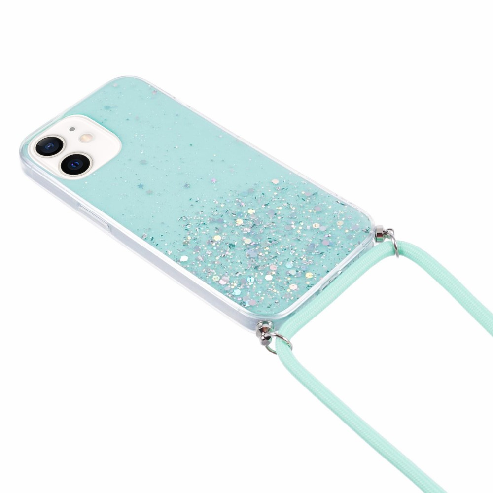 iPhone 12 / iPhone 12 Pro Necklace Gummi Hülle im Glitzer Design   Handykette (140cm) - Türkis / Transparent