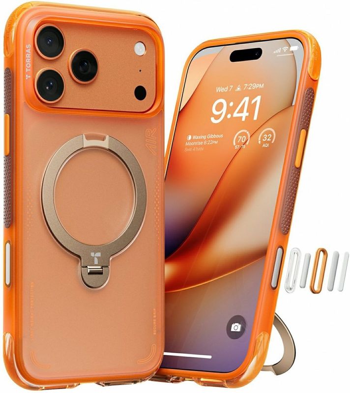 TORRAS Ostand Q3 Air Apple iPhone 17 Pro Hoesje 360° MagSafe Stand Oranje