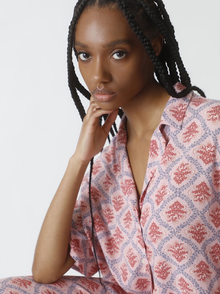 Camisa chambray cropped de manga curta - Rosa