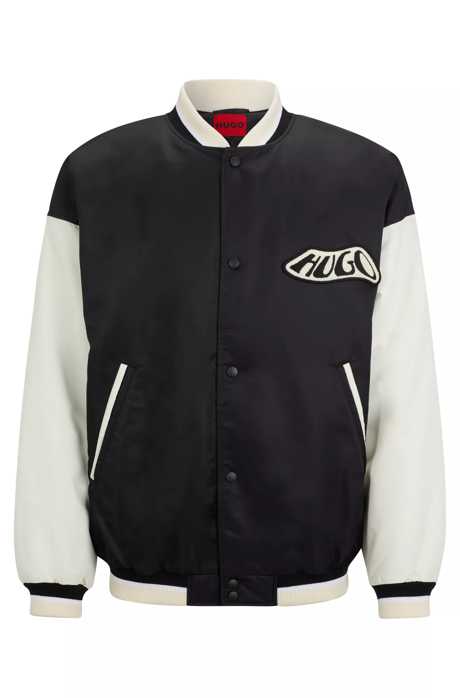 Jaqueta bomber estilo universitário HUGO vermelha, repelente à água, com emblema da marca.