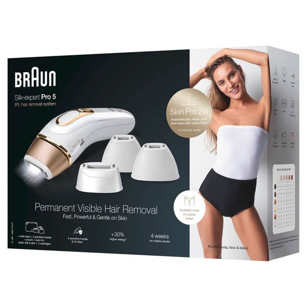 Braun IPL Silk-expert Pro 5, dauerhaft sichtbare Haarentfernung Weiß/Gold, PL5358; Neu für den Intimbereich