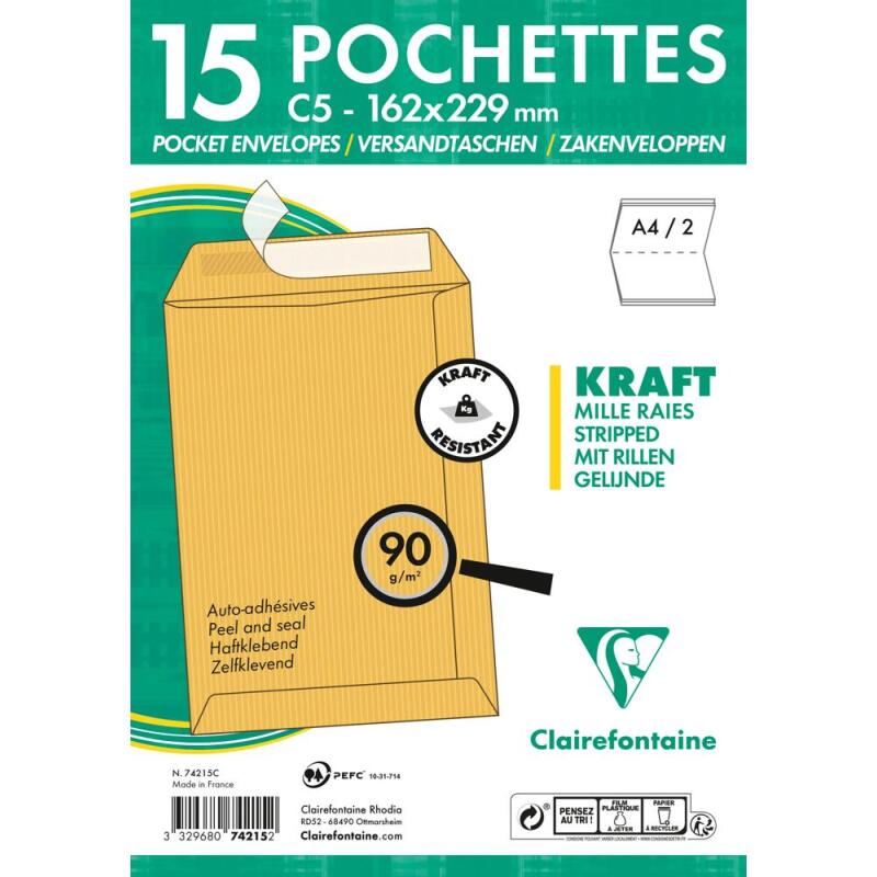 Paquet de 15 Pochettes Kraft Milleraies Brun C5-162x229 mm - Auto-Adhésives - 90g/m2 - Brun