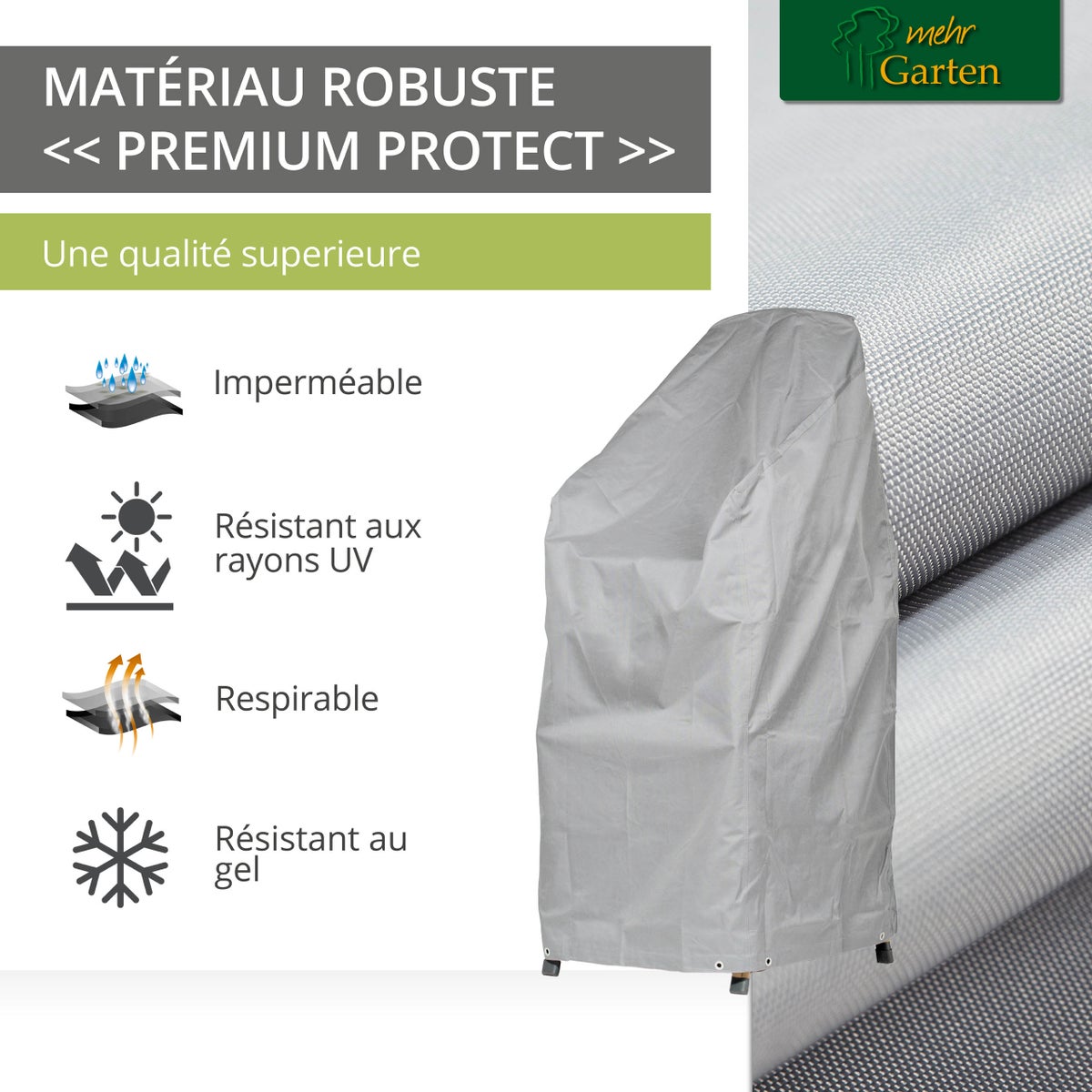 More Garden - Premium PROTECT stapelstoelhoes, 68 (B) x 96 (D) x 110/150 (H) cm | Waterdichte, uv-bestendige en ademende tuinmeubelhoes van robuuste stof | Taupe (lichtgrijs)