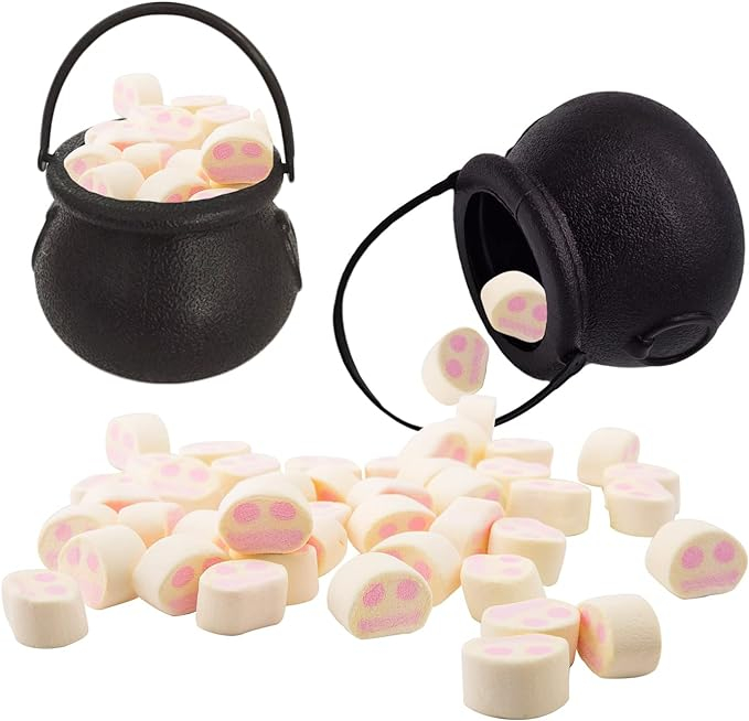(6er Set) Ø7cm Halloween Mini Süssigkeiten Eimer Tisch Deko Hexenkessel Candy Bag - Schwarz