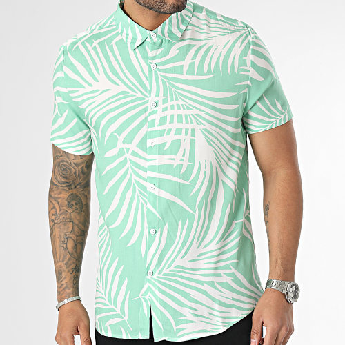 Chemise Manches Courtes Floral Vert Blanc