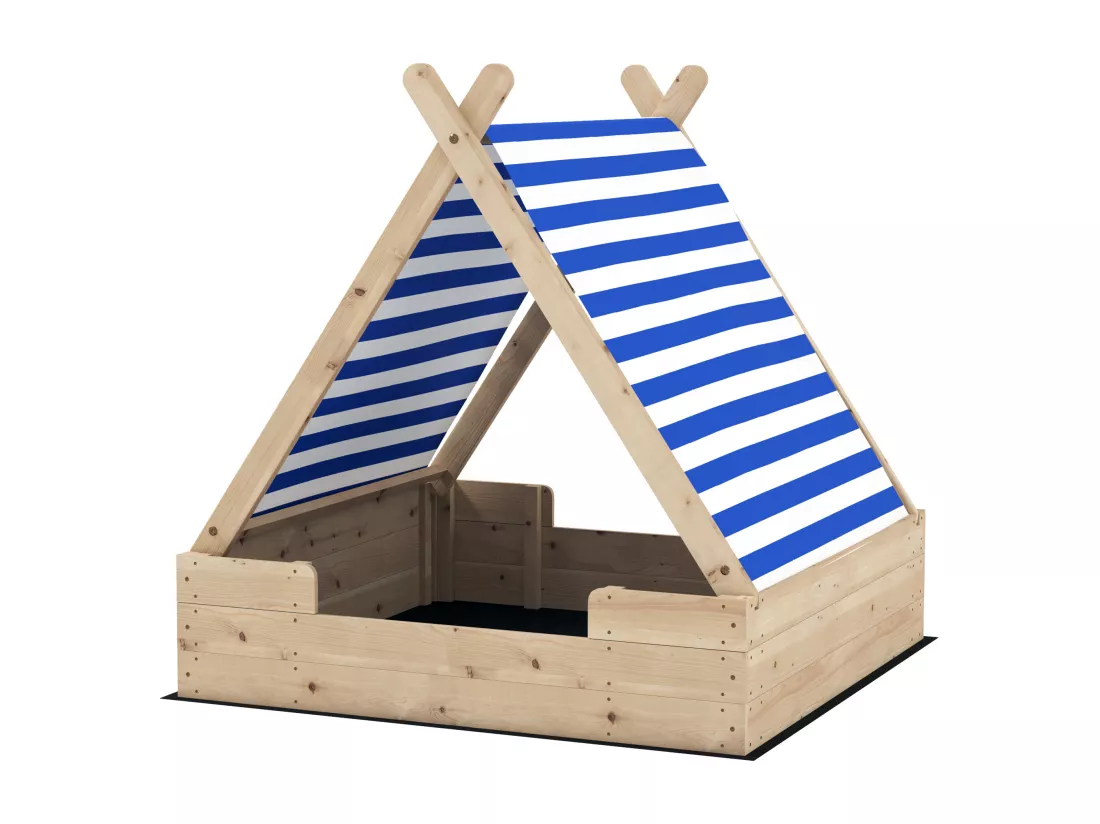 Bac à sable en bois avec toit refermable et doublure dim. 120 x 120 x 126,5 cm bois sapin