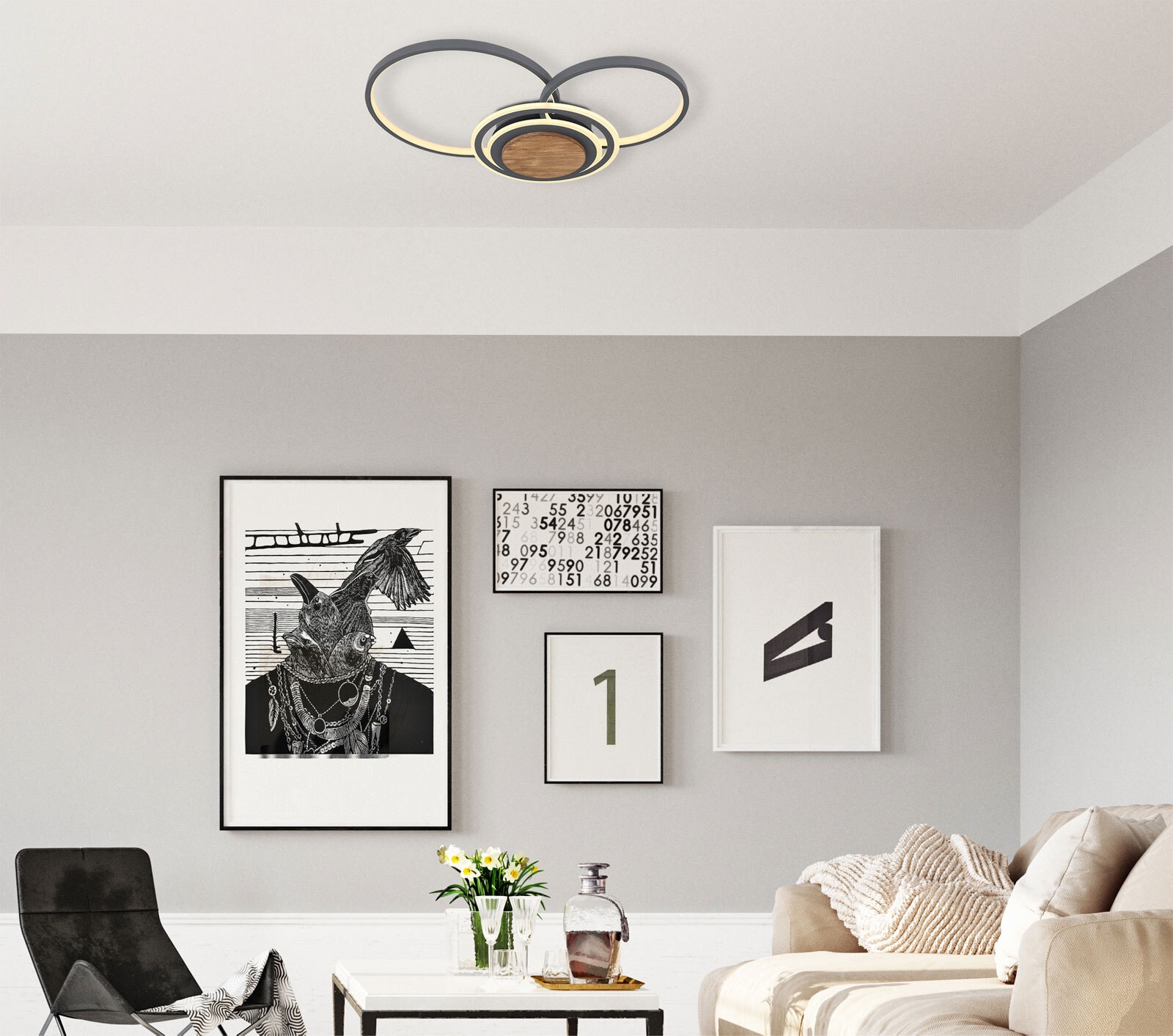 NIRRA Deckenlampe braun, grau 67256-40, B/H/T: 65 x 10 x 45 cm, Kunst., Metall, Holz
