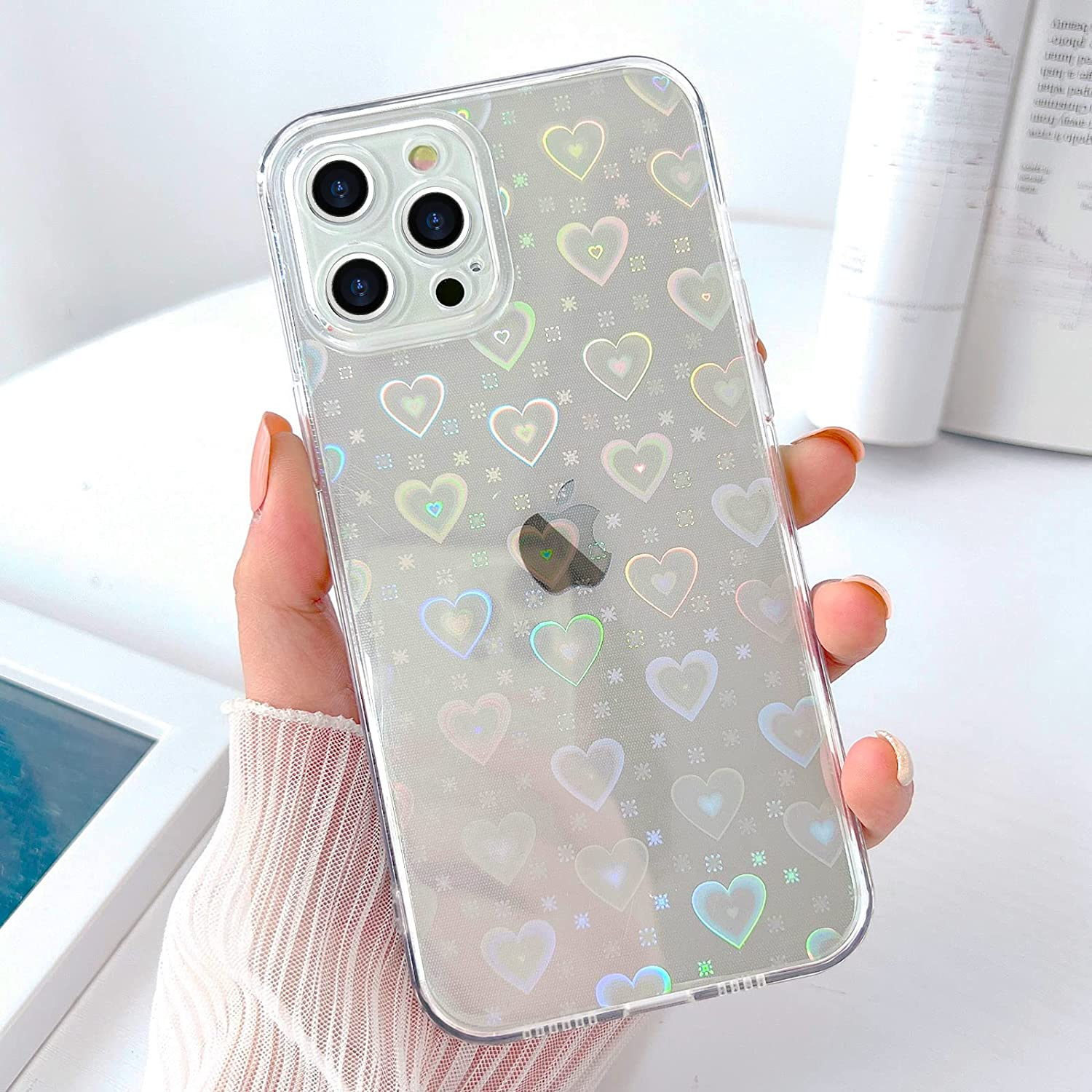 iPhone 12 Pro Hybrid Hülle TPU Bumper   Laser Hologramm Glitzer Herze - Transparent