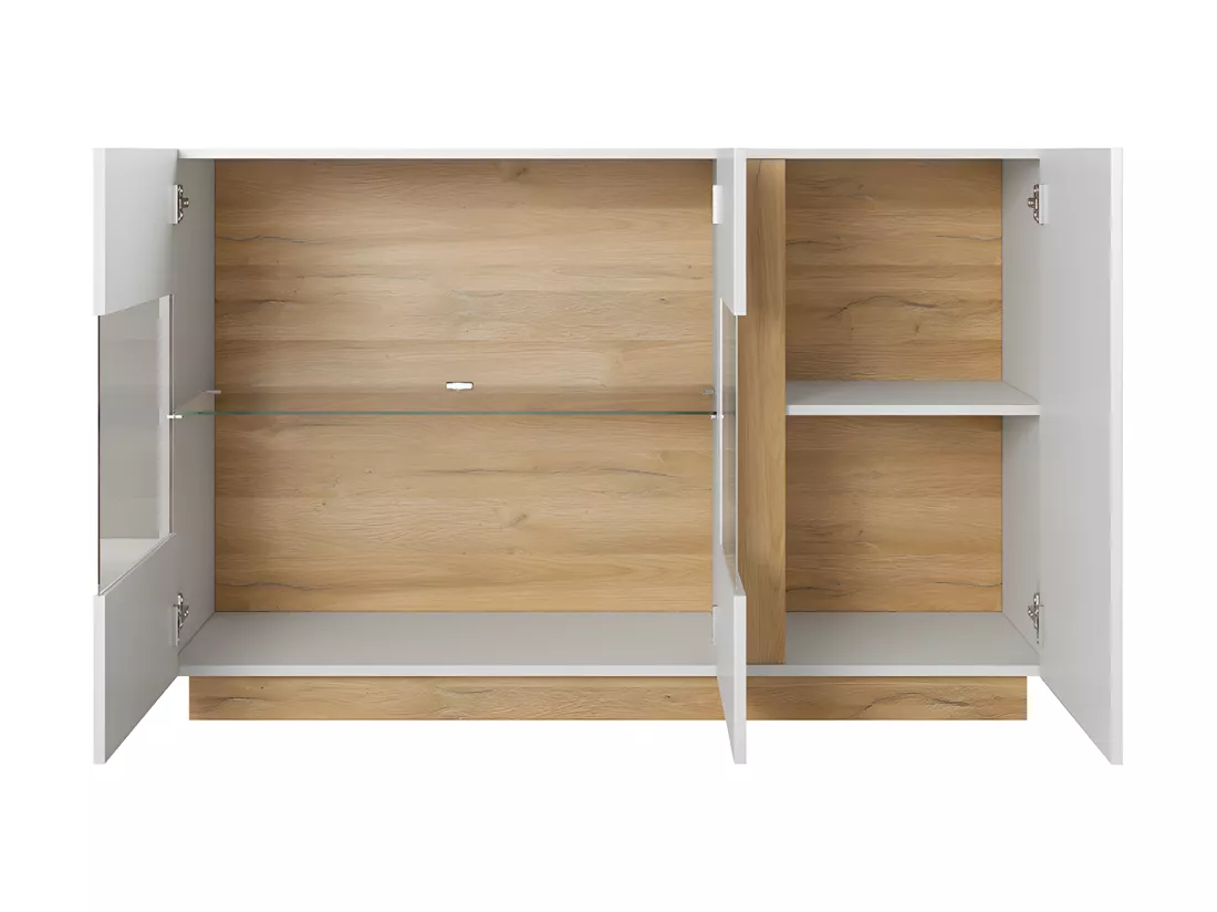 Buffet MURARI - 3 portes - Avec LEDs - Blanc brillant et chêne