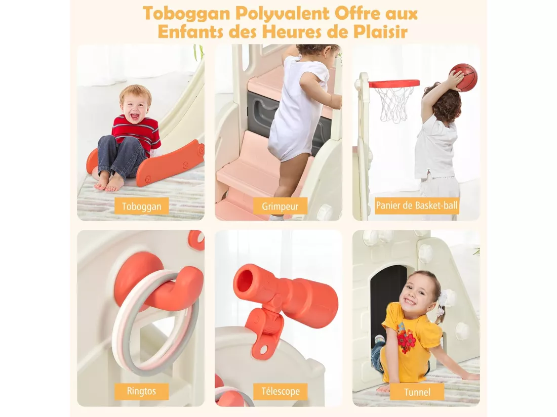 Toboggan 6 en 1 pour Enfant - Glisse de 140 CM - avec Panier de Basket, Escalade, Lancer d'Anneaux et Télescope,Toboggan Intérieure,Aire de Jeux Extérieure 3-8 Ans, Rose