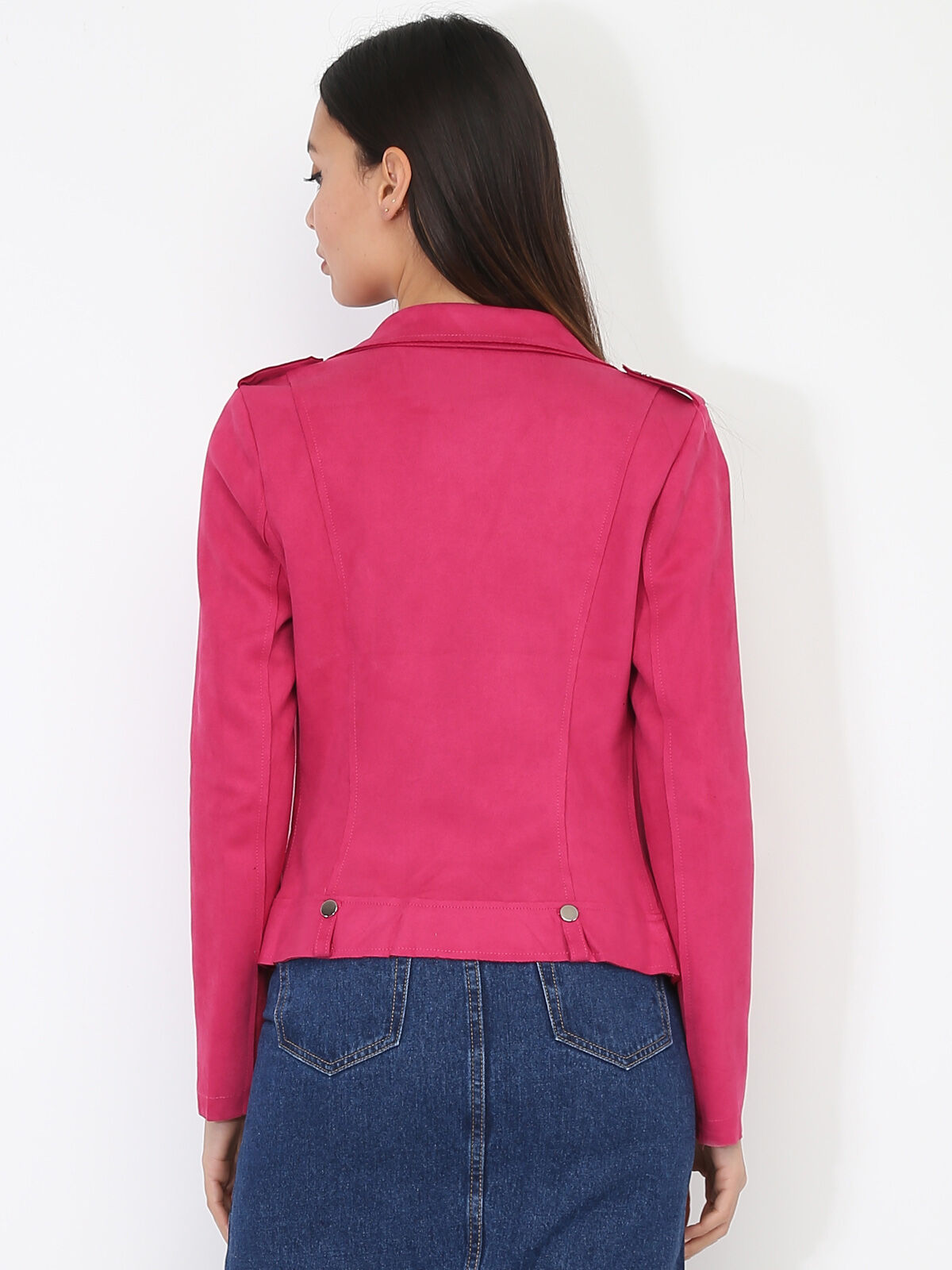 Veste biker ajustée en suédine- Fuchsia