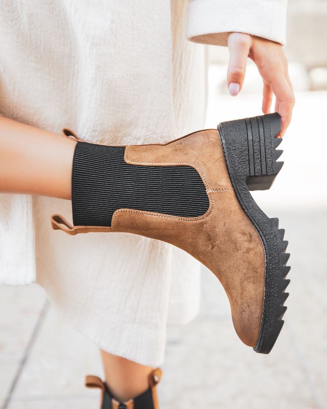 Bottines femme camel montantes crantées - Léana