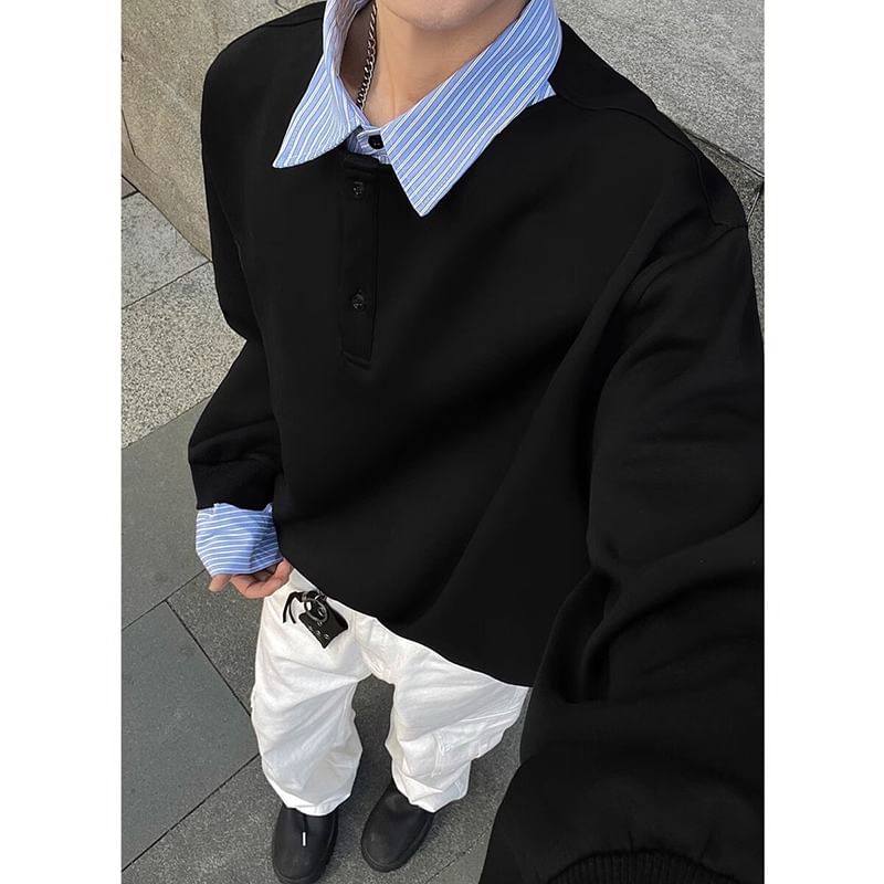 Posive - Mock Two-Piece Sweatshirt met Gestreepte Kraag en Paneel