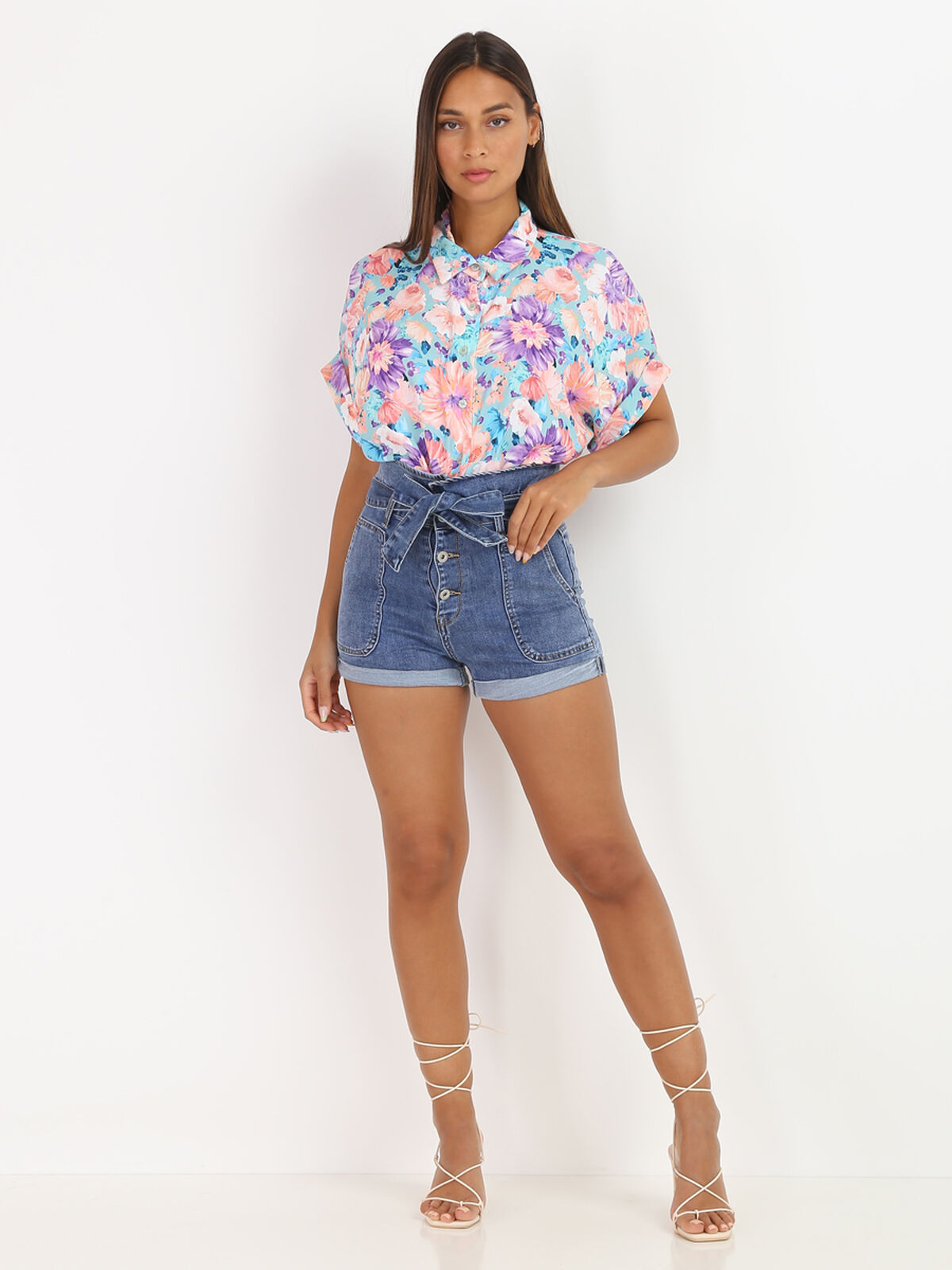 Short en denim taille haute et ceinturé- Bleu