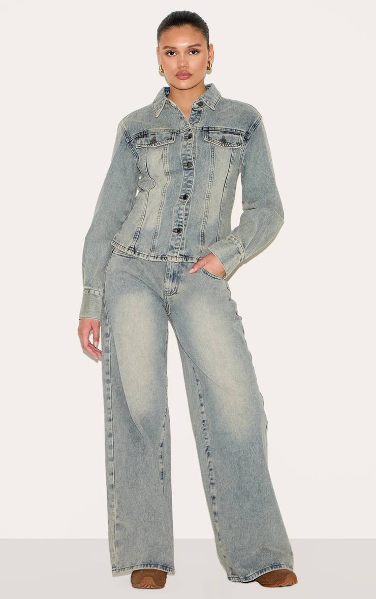 Délavage Vintage Veste En Jean À Manches Longues Avec Taille Cintrée