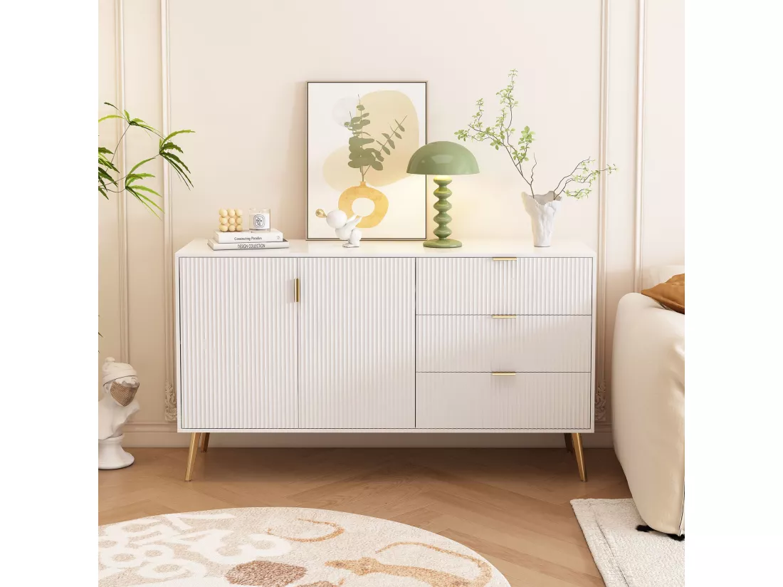 Buffet avec pieds et poignées dorés,commode, laqué,coins arrondis,,7 compartiments, 140Wx40Dx78H cm, blanc