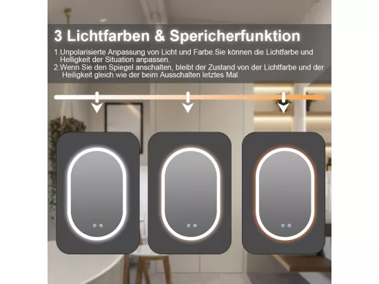 Miroir de Salle de Bain avec Eclairage LED 70x50cm,Verre Antidéflagrant Anti-Brouillard,Miroir Mural Ovale Interrupteur Tactile,3 Couleurs,6500k