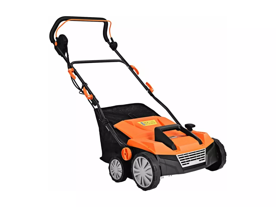 Scarificateur de Pelouse Électrique de 13A, avec Double Interrupteur de Sécurité Réglable à 4 Niveaux Sac de Ramassage de 50 L, Scarificateur et Aérateur Filaire avec 2 Lames (Orange)