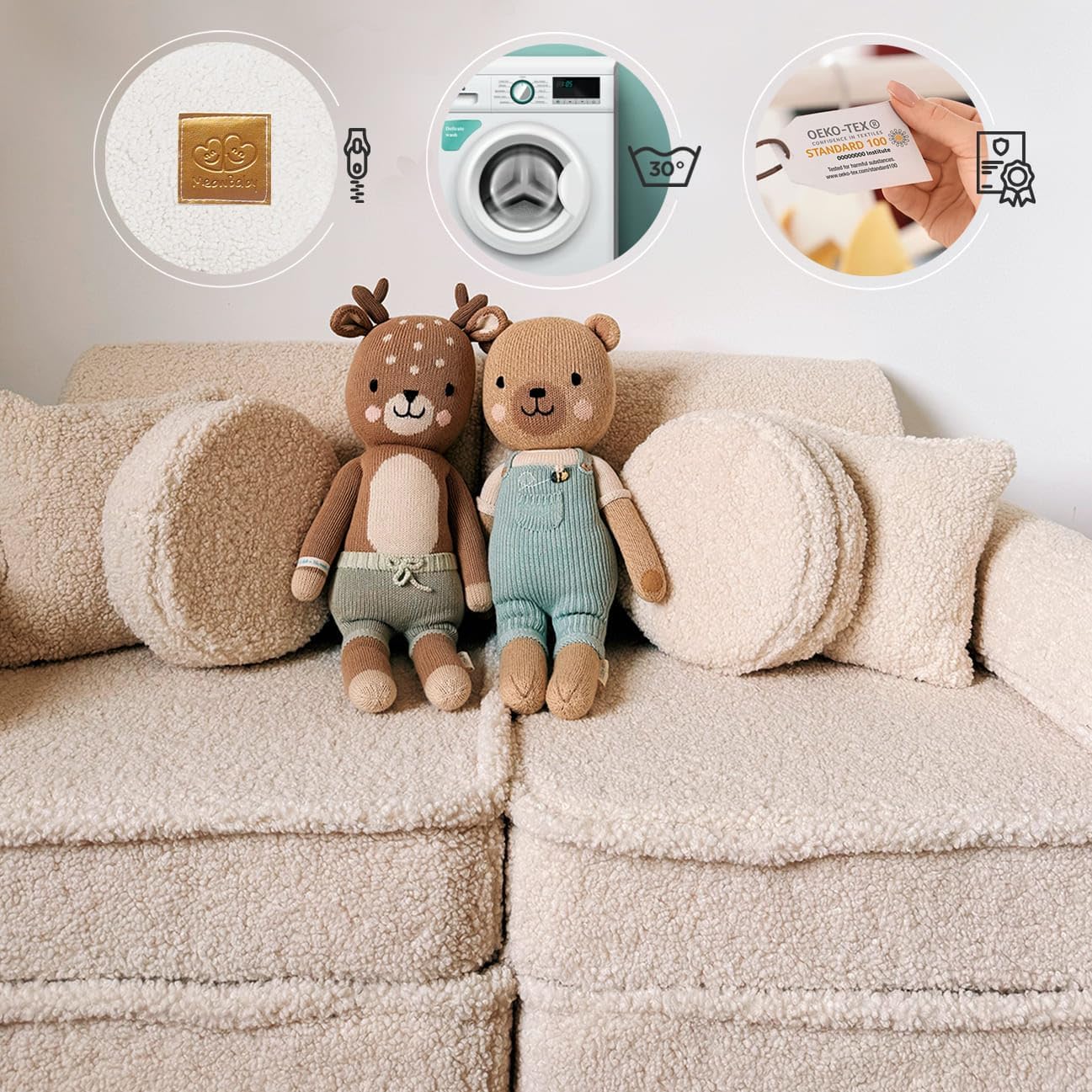 MEOWBABY Kindersofa – Spielsofa für Kinder – Weiche Klappsofa mit Schlaffunktion – Kuschelecke für Kinderzimmer, Cord, Ecru