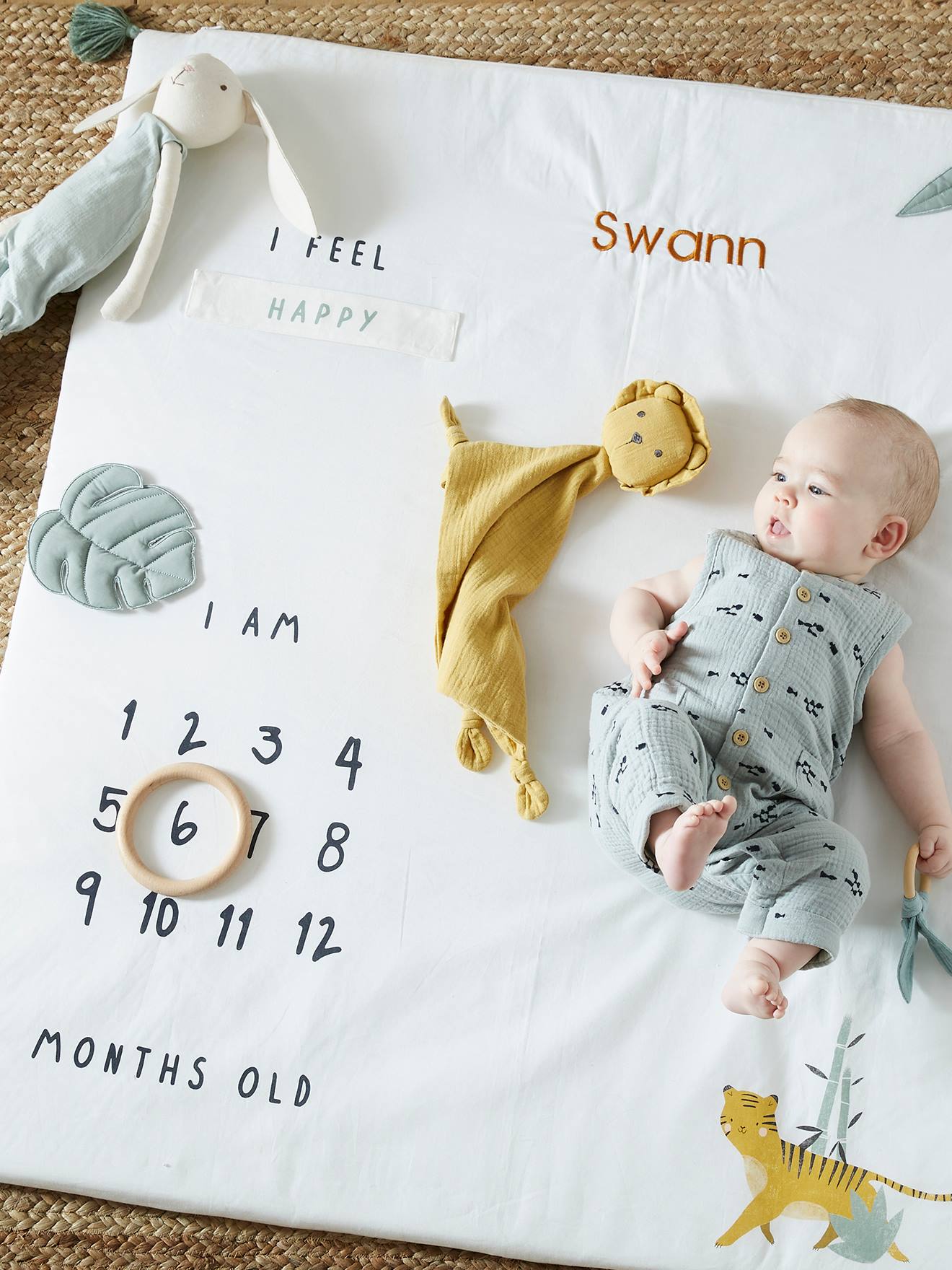 Tapete fotográfico personalizado para bebê, modelo Hanoi, branco claro liso com estampas.