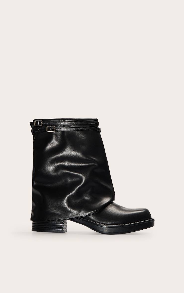 Noir Bottines À Bout Rond En Synthétiquecuir Avec Revers Et Sangle À Boucle