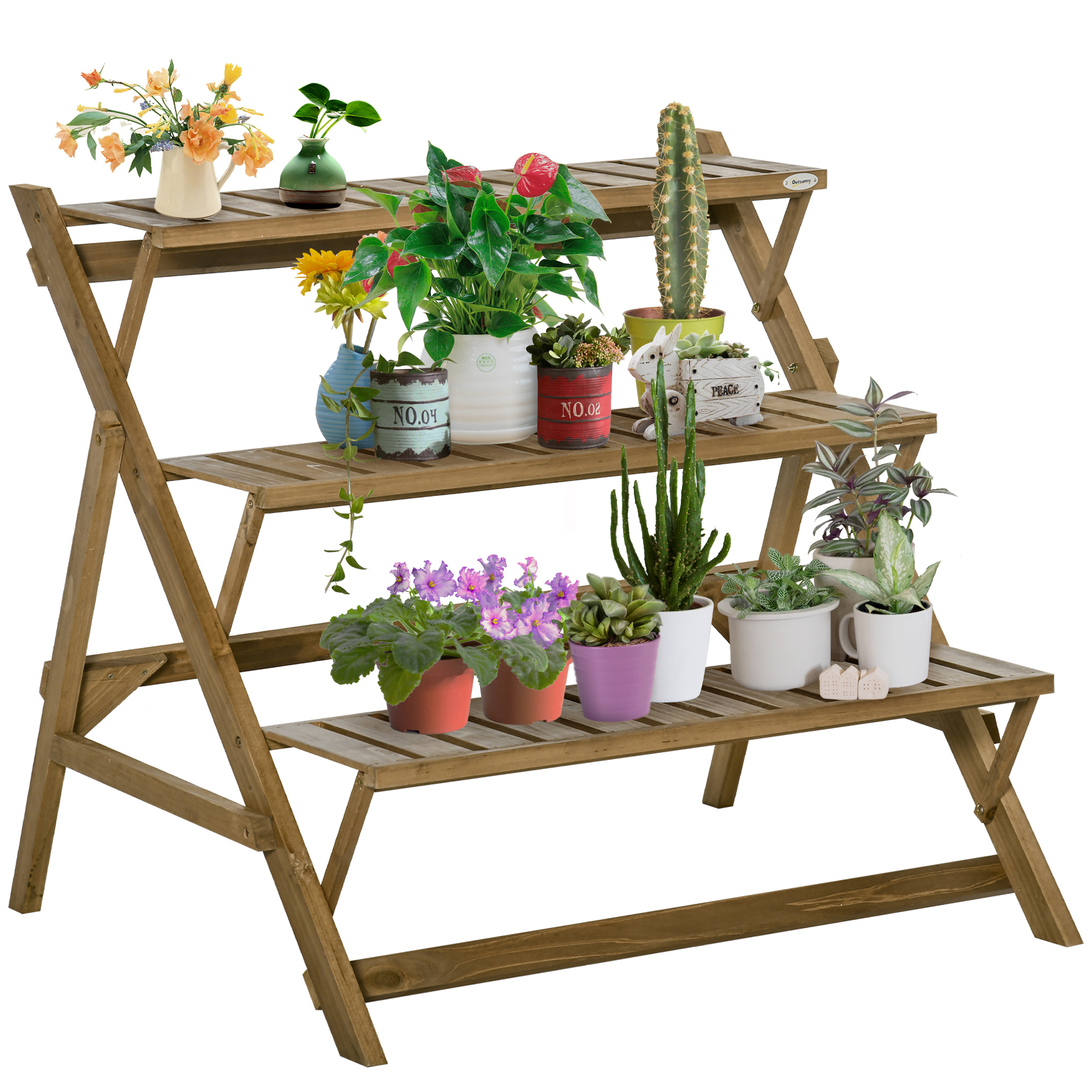 Suporte de madeira para plantas Outsunny, com 3 prateleiras dobráveis em formato de escada, ideal para decoração de interiores e exteriores, 101 x 83 x 88 cm, marrom.