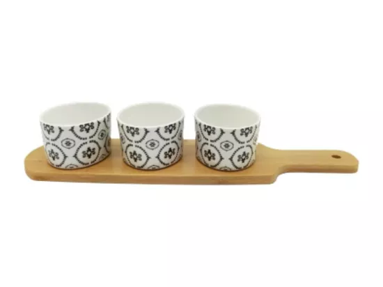~ Set apéritif tapas 3 verrines en bambou et céramique blanc et marron 33.5 x 10 cm