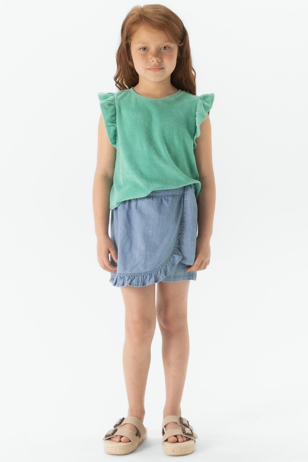 Denim ruffle shorts met overslag