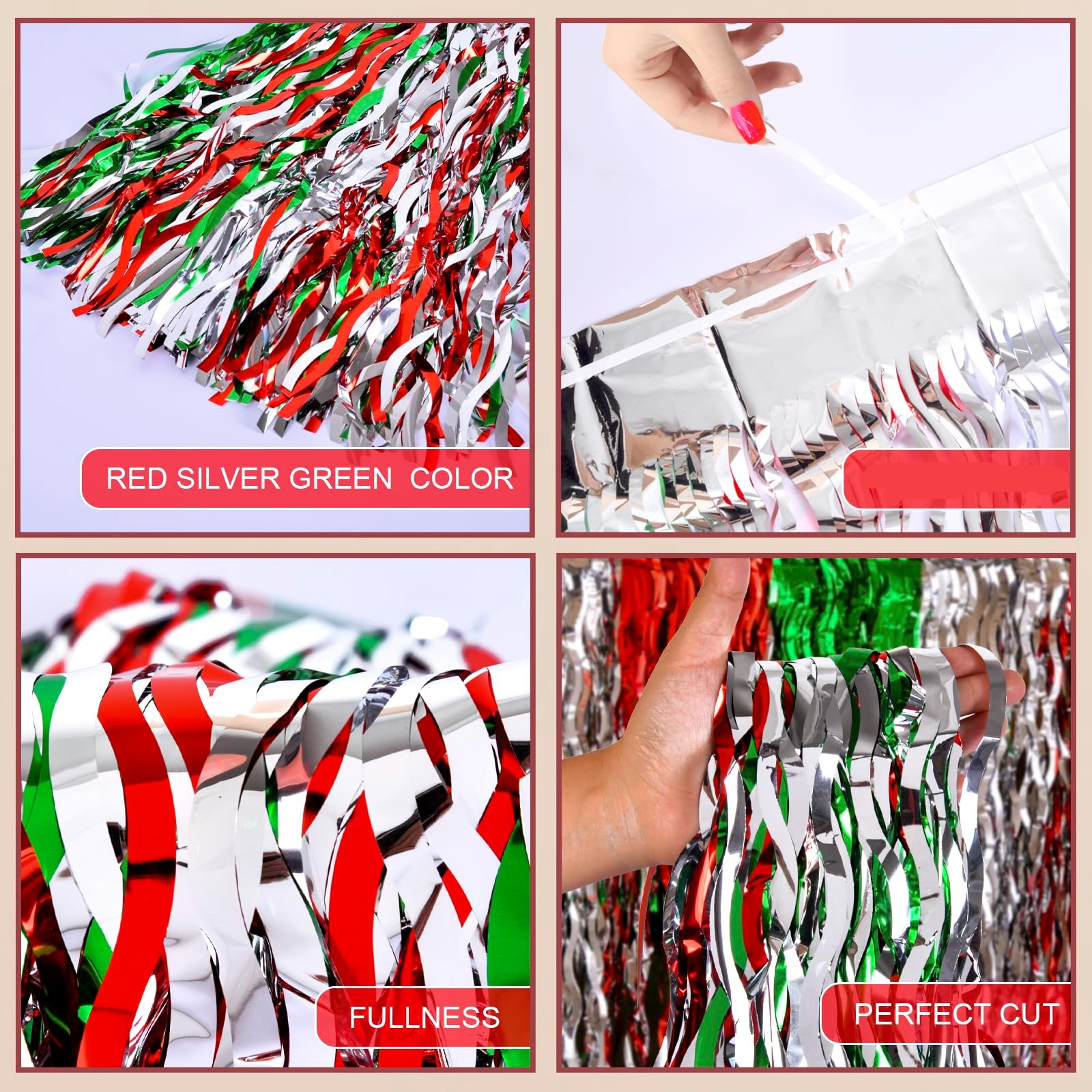 (2er Set) 280x75cm Party Tisch Deko Gewellter Lametta Vorhang Glänzender Fransen Vorhang für Weihnachten - Rot / Silber / Grün
