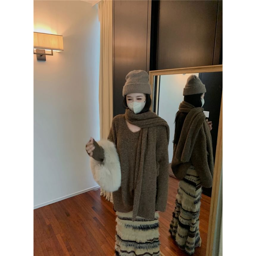 Moon City - V-hals effen oversized trui / spaghettibandjes ronde hals gestreepte franjes maxi zeemeerminjurk / sjaal / set