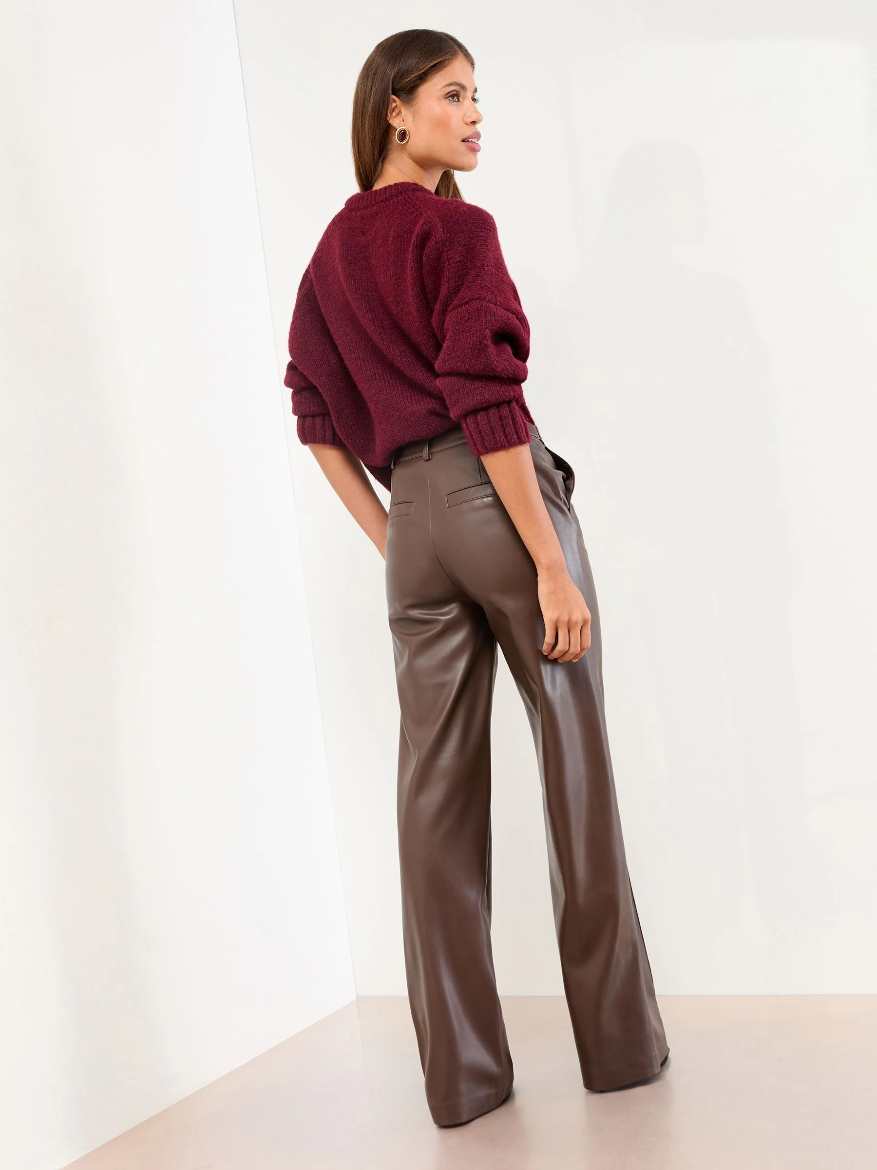 Chocolate Brown Faux Leather - Lipsy Pintuck Tailored Wide Leg Trousers