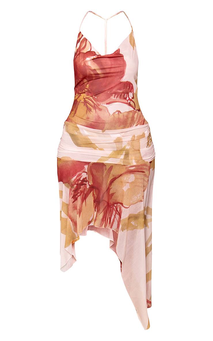 Orange Robe Mi-longue Ajustée À Col Bénitier Drapé, Motif Floral Pelure D'oignon Et Ourlet À Volant