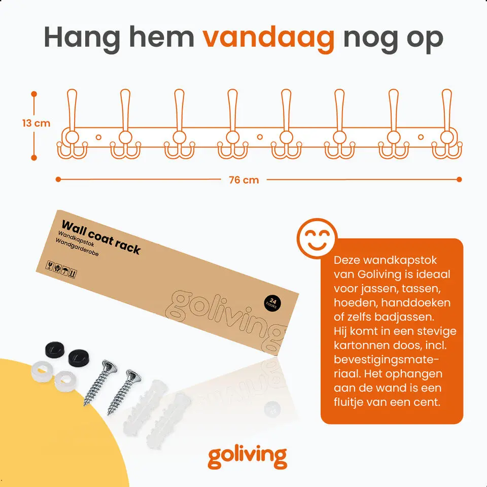 Goliving Wandkapstok – 24 Haaks Hangende Kapstok – Muurkapstok – RVS – Zwart