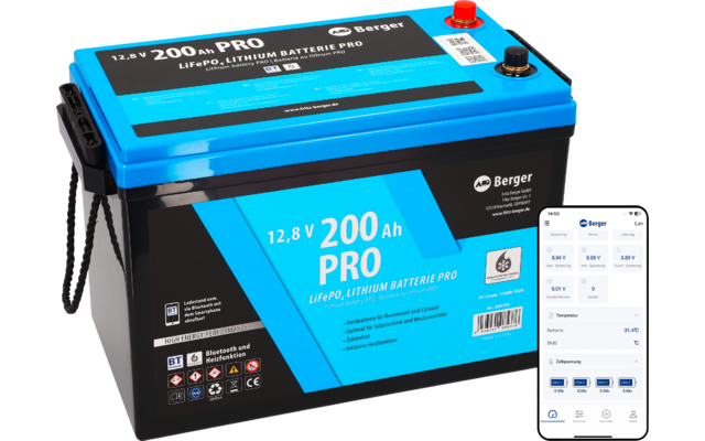 Berger LiFePO4 Lithium Batterie Pro 200 Ah 12V mit Bluetooth & Heizung