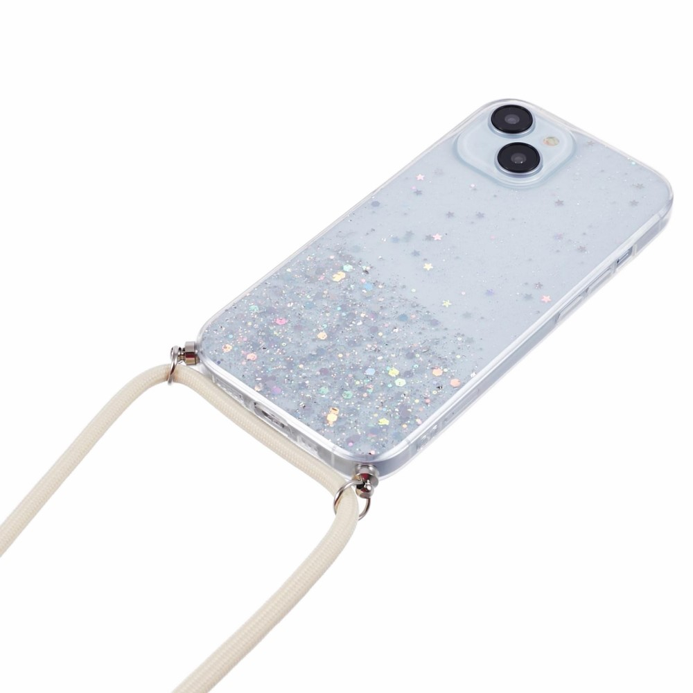 iPhone 15 Necklace Gummi Hülle im Glitzer Design   Handykette (140cm) - Weiss / Transparent