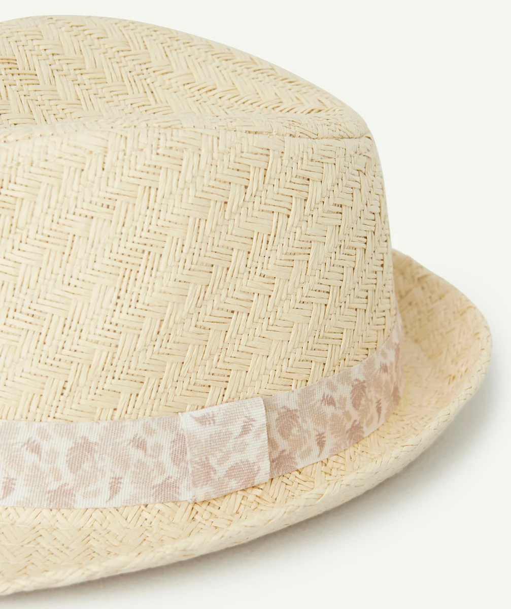 CHAPEAU DE PAILLE BÉBÉ GARÇON AVEC BANDE DE TISSU IMPRIMÉ FEUILLE