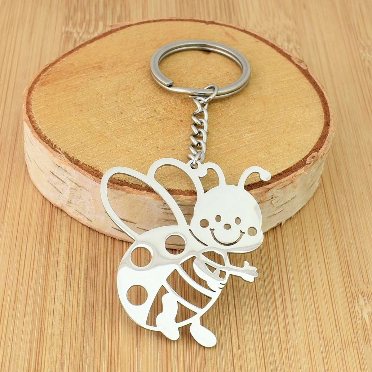 Porte-clés abeille acier inoxydable