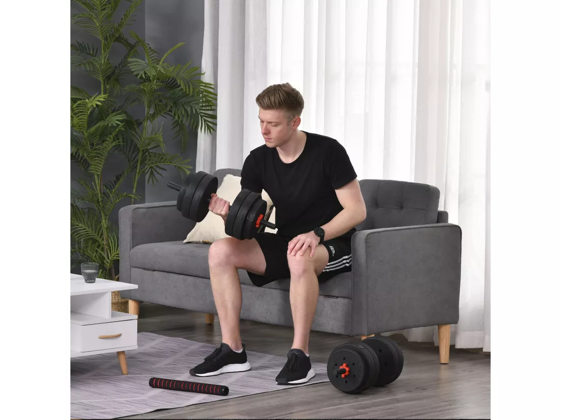 Ensemble d'haltères courtes total 25 Kg - barres incluses - entraînement musculaire & haltérophilie - acier HDPE noir rouge