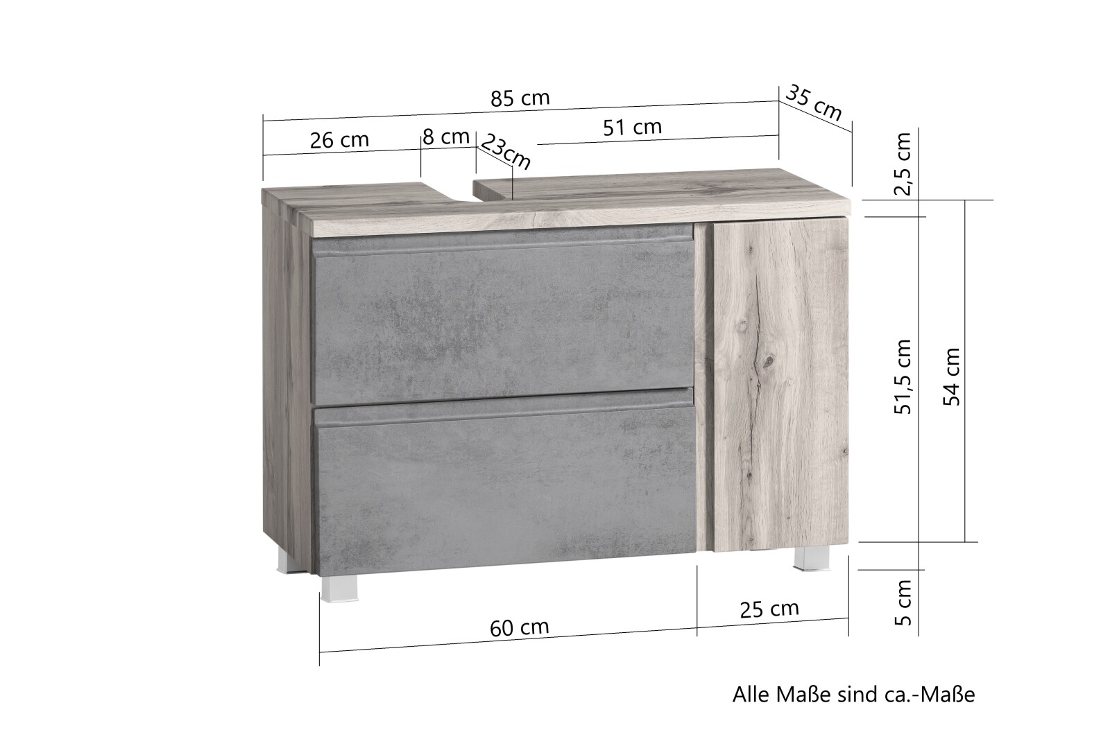 Unterbeckenschrank - Wotaneiche - weiß matt - Tür rechts - 85 cm