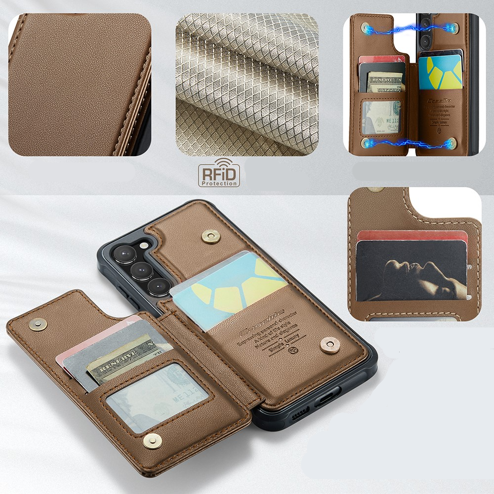 Samsung Galaxy S23 5G Leder Hülle mit Kartenfächern im Litchi Look   Kickstand (RFID Schutz) - Braun