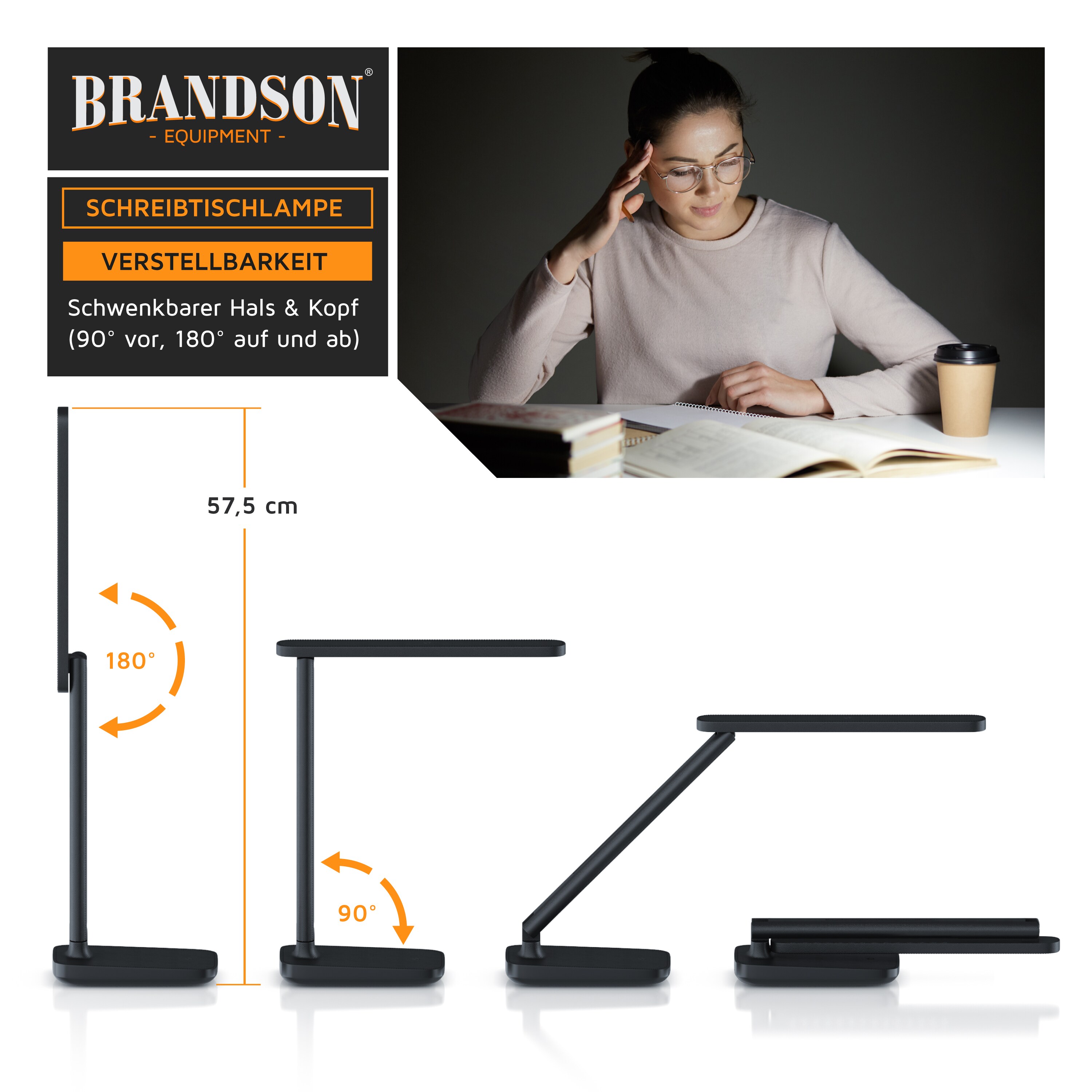 Brandson LED Schreibtischlampe mit 3 Helligkeitsstufen, Leder-Design, 42 LEDs dimmbar, 3 Farbtemperaturen, Sensor Touch, mit Netzteil, Schwarz