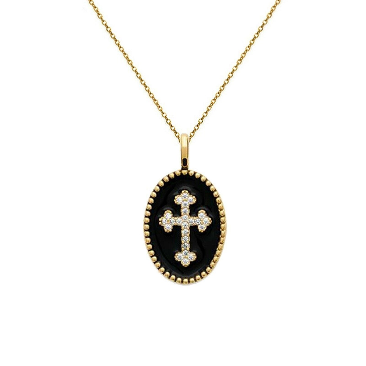 Collier croix fleur de lys sertie d'oxyde de zirconium émail noir Plaqué OR 750 3 microns
