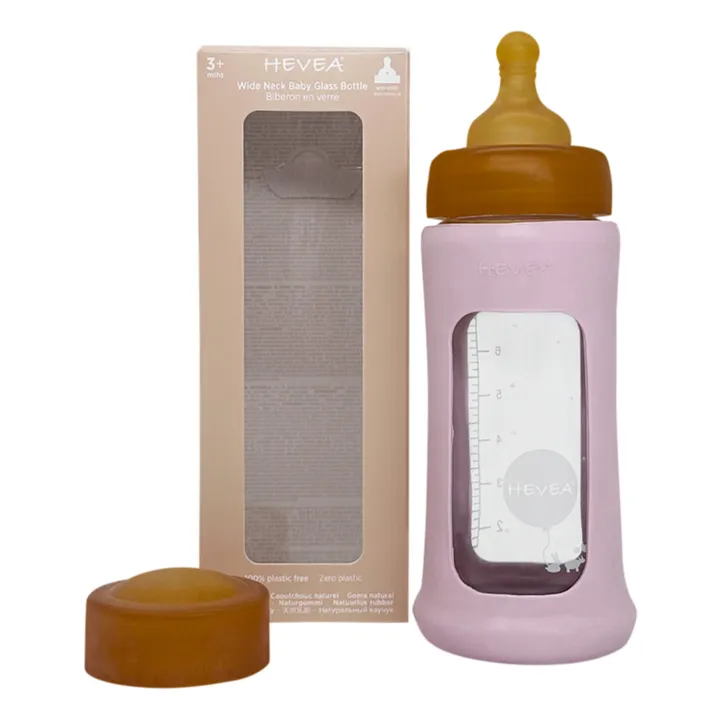Hevea Biberon en verre à col large avec housse de protection Débit moyen | Rose poudré