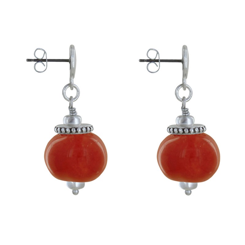 Boucles d'Oreilles Clous Métal Argenté et Grosses Perles en Céramique