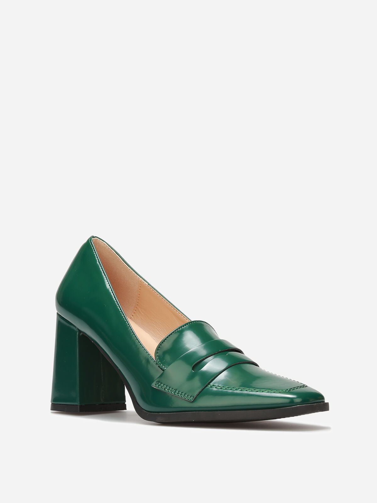Mocassins vernis à talon et surpiqûres- Vert foncé