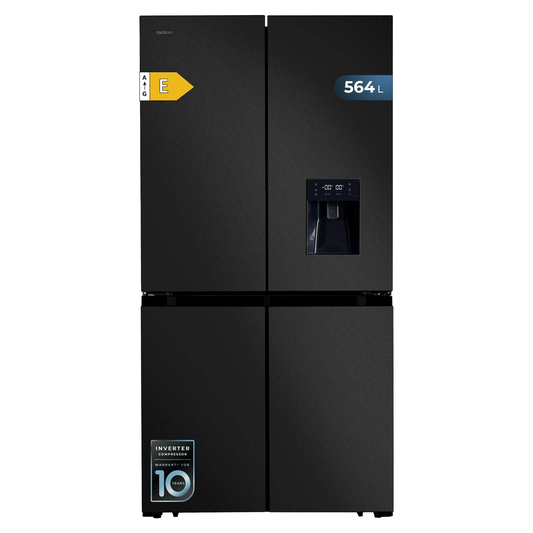 Cecotec Réfrigérateur Américain 4 Portes Dark de 564 L Bolero CoolMarket 4D 564 Dark E. 183 cm de Hauteur, 91 cm de Largeur, Distributeur d'Eau, Moteu