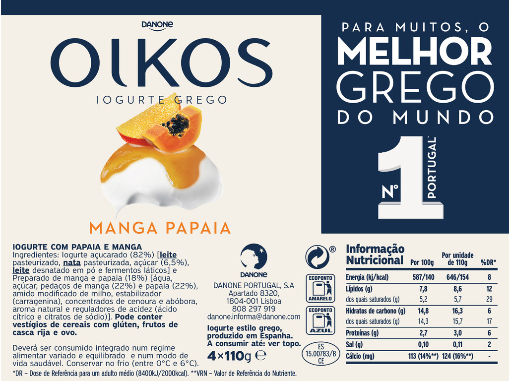 IOGURTE OIKOS DANONE GREGO MANGA E PAPAIA 4X110G