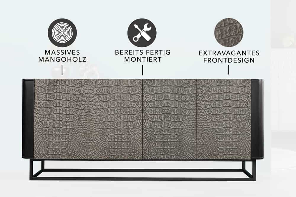 Handgefertigtes Sideboard CROCO 180cm grau schwarz Mangoholz mit 3D Schnitzereien massiv Metall