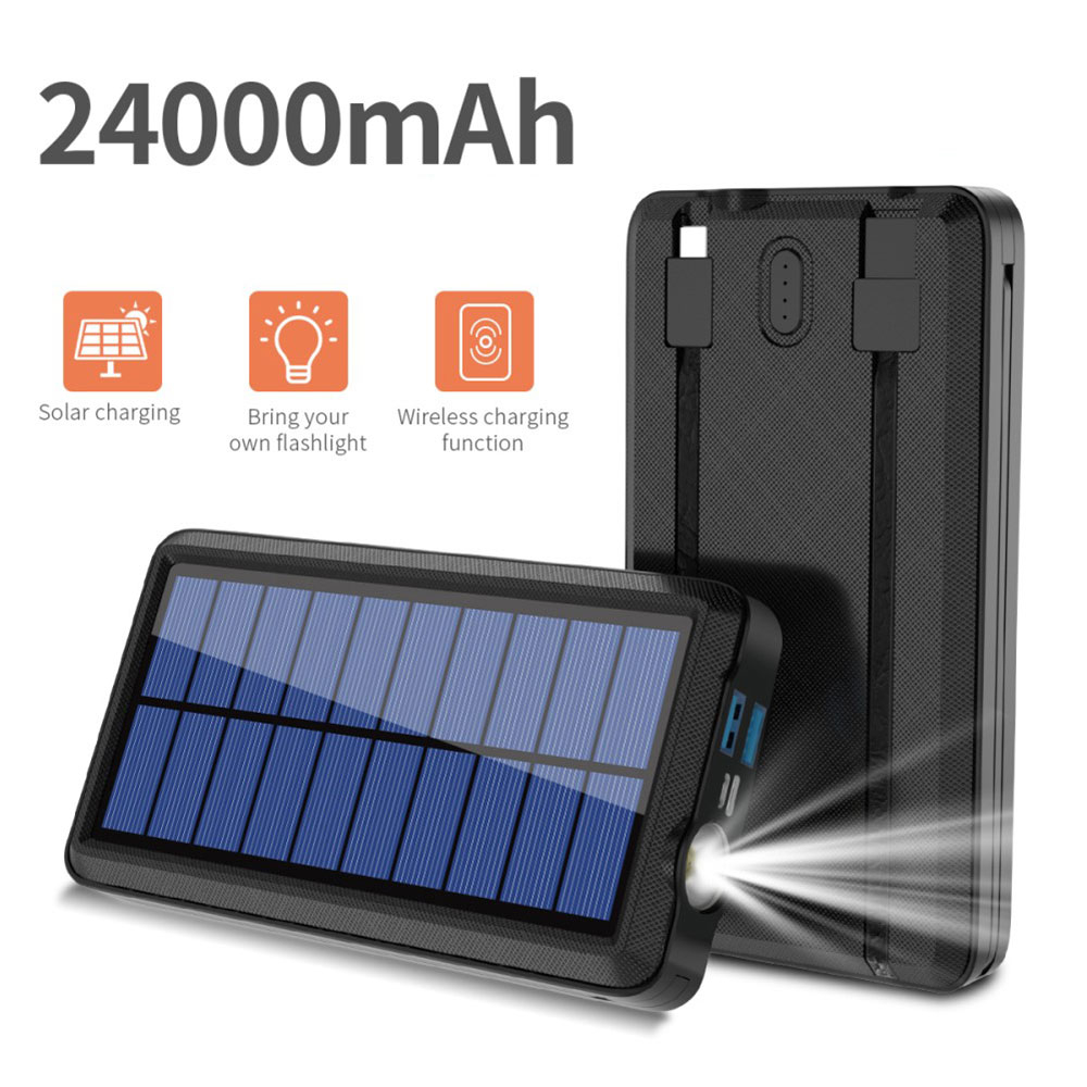 4in1 24000mAh Outdoor Qi Wireless Charger USB Solar Powerbank USB C / Micro USB / Lightning mit Taschenlampe (IP66) - Schwarz