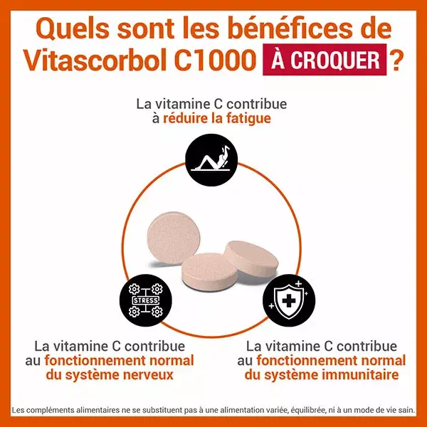 Vitascorbol C1000 Fatigue et Système Immunitaire Goût Orange 20 comprimés à croquer